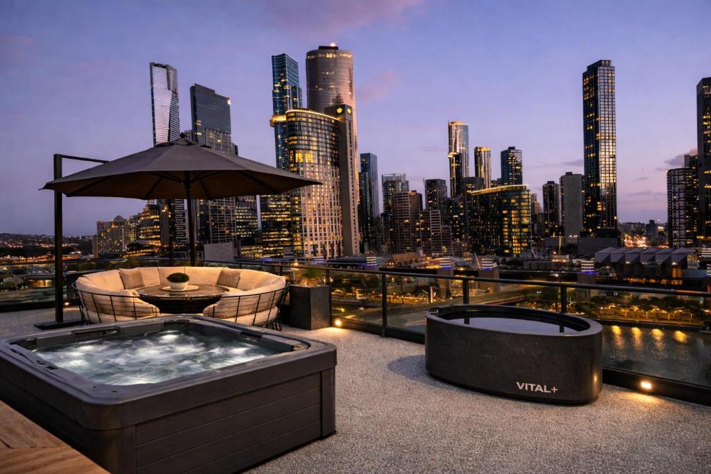 Melbourne skyline from a riverfront terrace